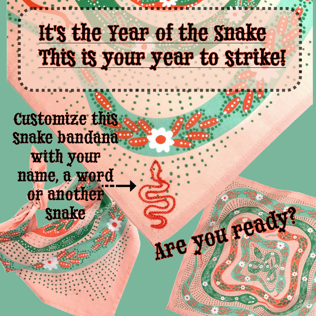 Pink bandana with swirly snakes and the option to add chainstitch embroidery